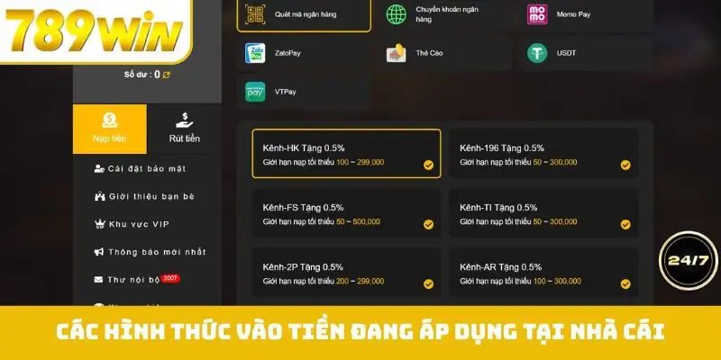 Các hình thức vào tiền đang áp dụng tại nhà cái